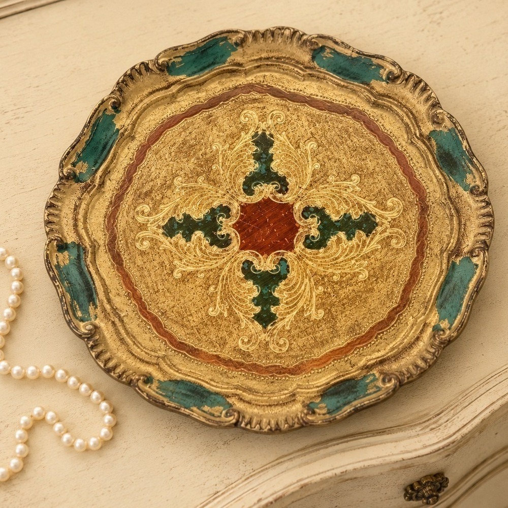 Vintage Florentine Gilt Wood Tray 7.5" Hand Painted Florence Turquoise Gold ARAM